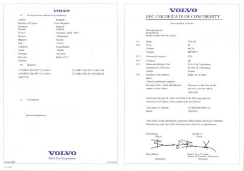 Certificat De Conformité Volvo | COc Volco Euro COC ANTS